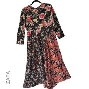 ZARA | NWOT PATCHWORK FLORAL PAISLEY BOHO MIDI DRESS ASYMMETRICAL HEM | MEDIUM
